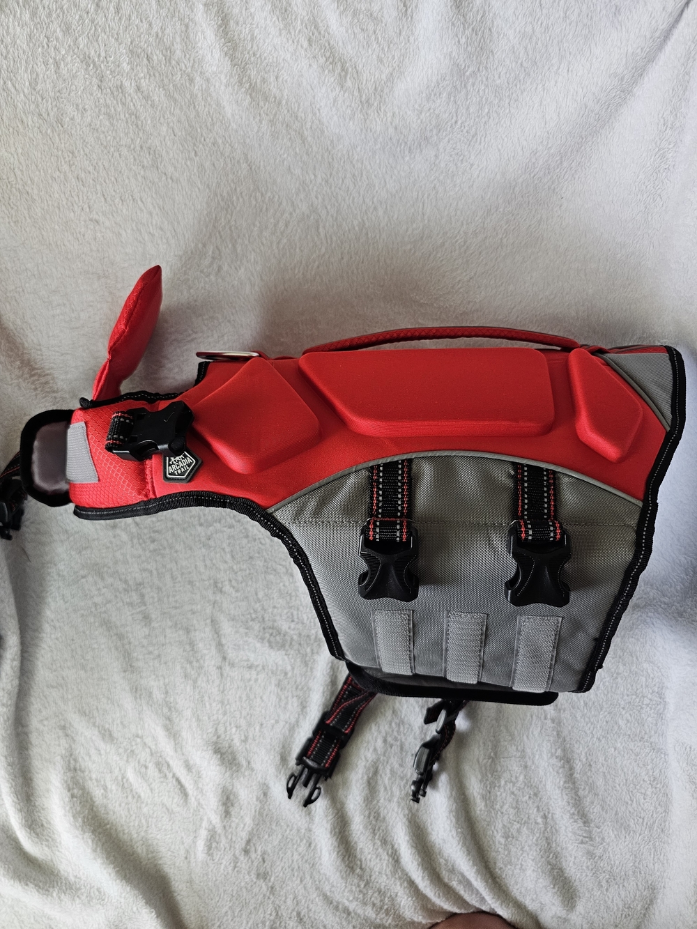 Arcadia Trail Red and Gray Dog Life Vest with Secure Buckles Size Medium/ Large